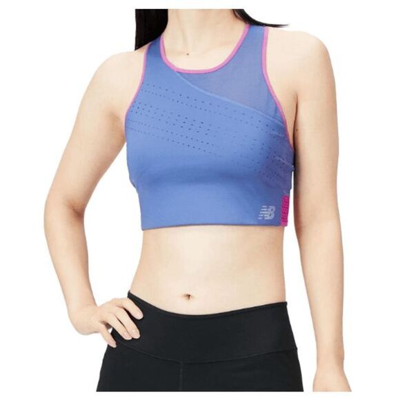 New Balance Q Speed Shape Sheild Sports Bra Blue Pink No Pads Cross Straps Small - Picture 1 of 8